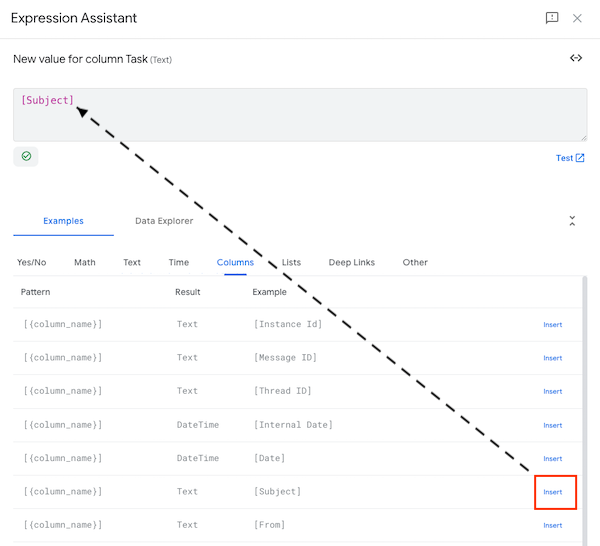 Insert [Subject] column in Expression Assistant by clicking Insert