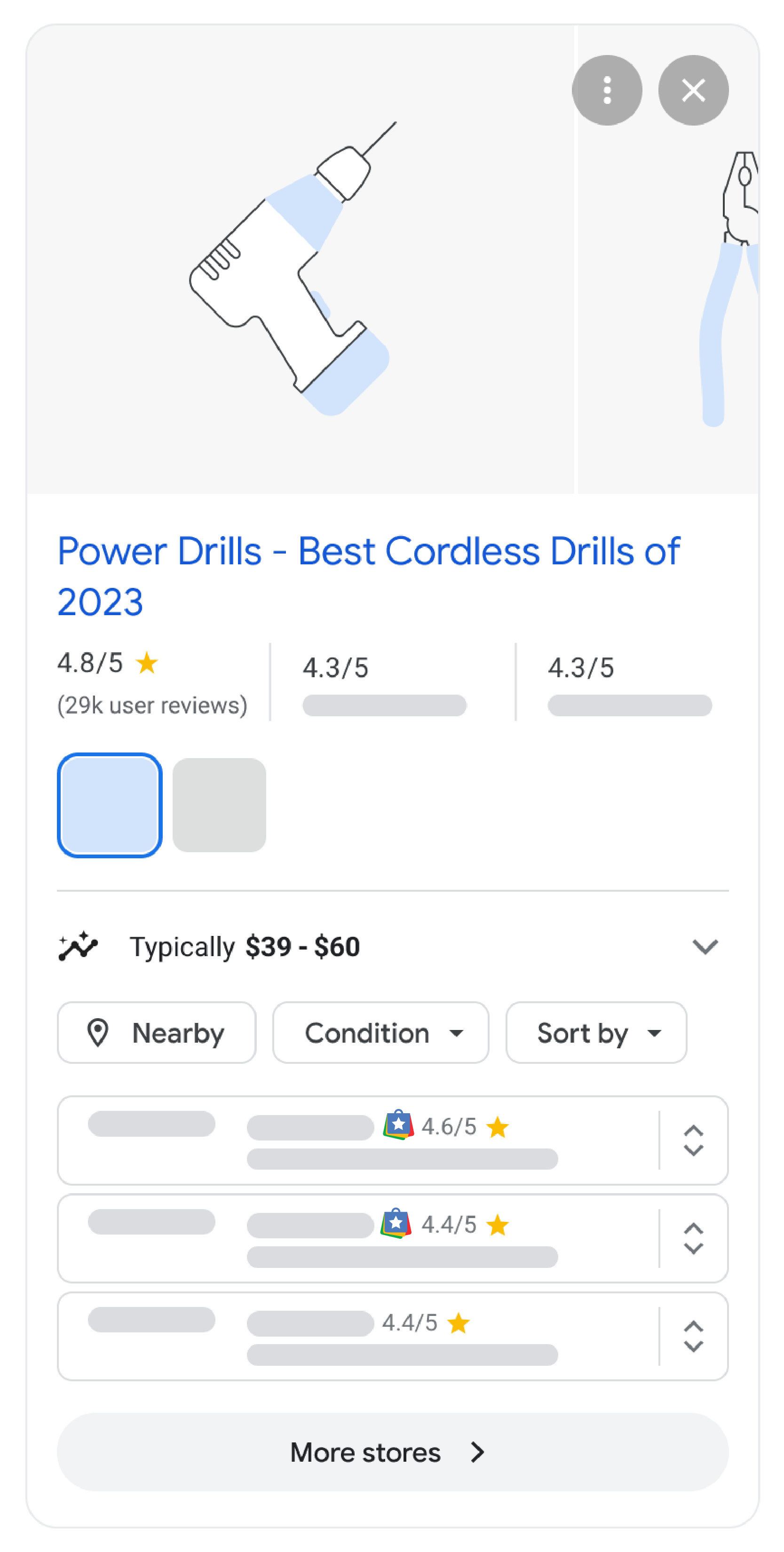 Ilustrace první poloviny hodnocení prodejce produktu v Google Ads.