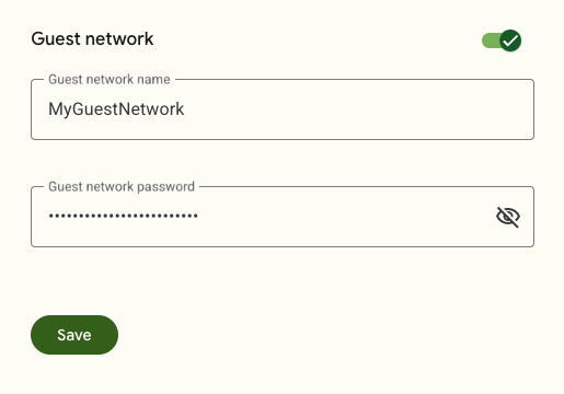 The Guest Network page within the GFiber portal. The user can toggle the network on or off, and enter a network name and password.