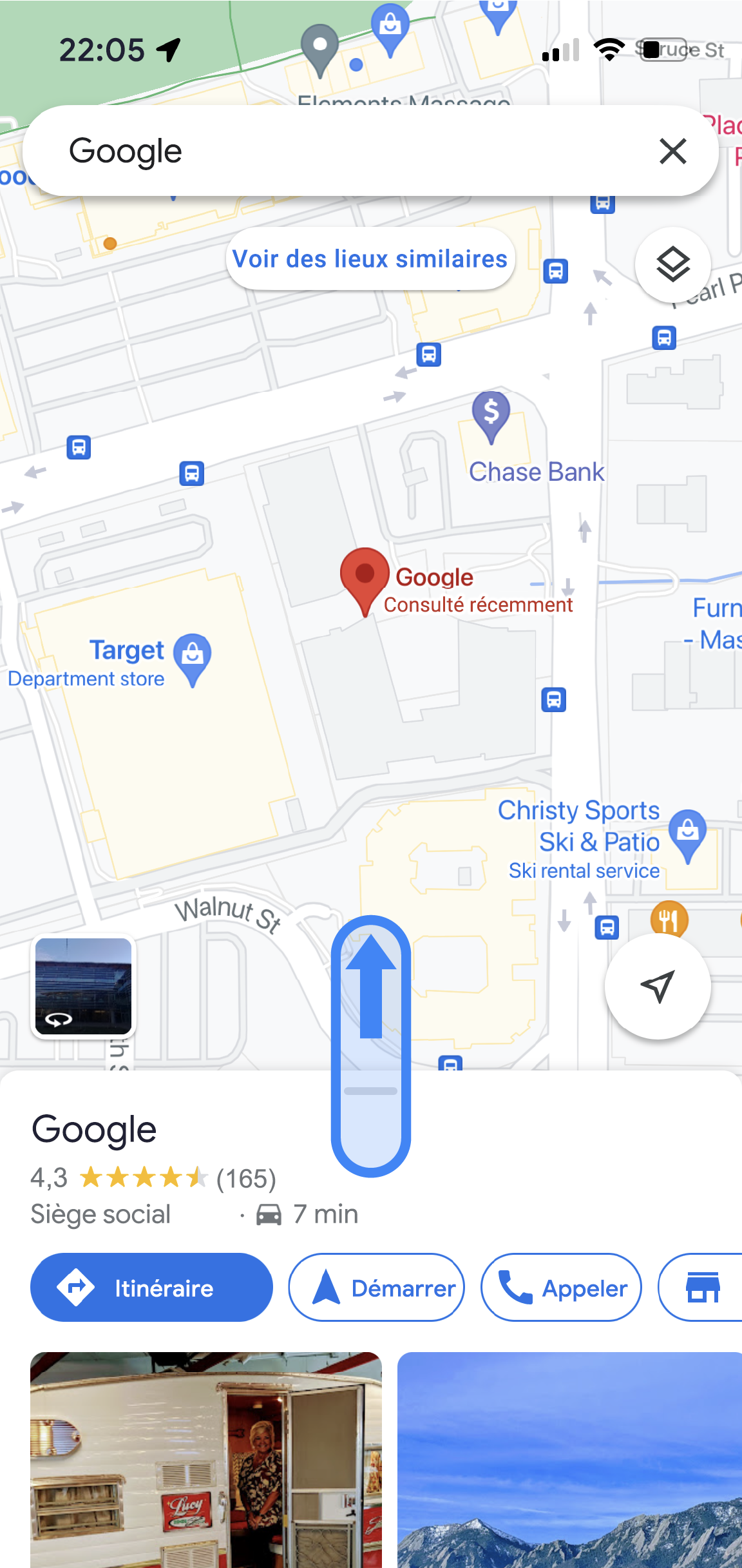 Dans l'application Google Maps, l'emplacement d'un bureau Google s'affiche. Au bas de l'application, le nom du lieu et sa note moyenne sont affichés. Vous avez également accès à des boutons permettant de rechercher un itinéraire, de démarrer la navigation, d'appeler, etc.