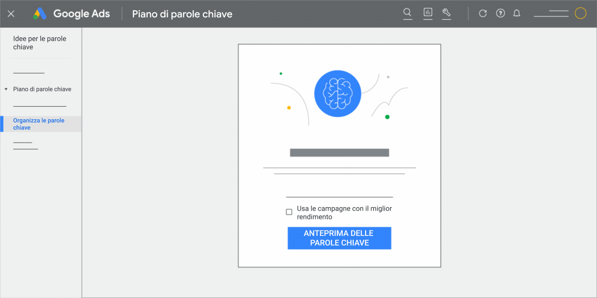 Un'animazione della UI che mostra la procedura per l'avvio dello strumento Organizza parole chiave nelle campagne Google Ads.