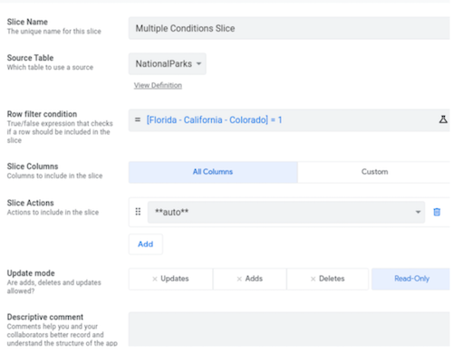 Row filter condition when configuring a slice