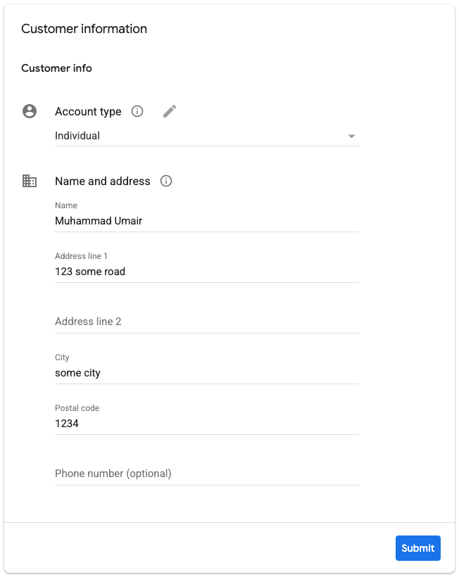 Example payment address details card