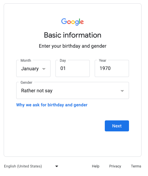 "Create a Google Account" page, showing a Basic information section. The user has entered a birthday of January 01, 1970; and a Gender of "Rather not say."