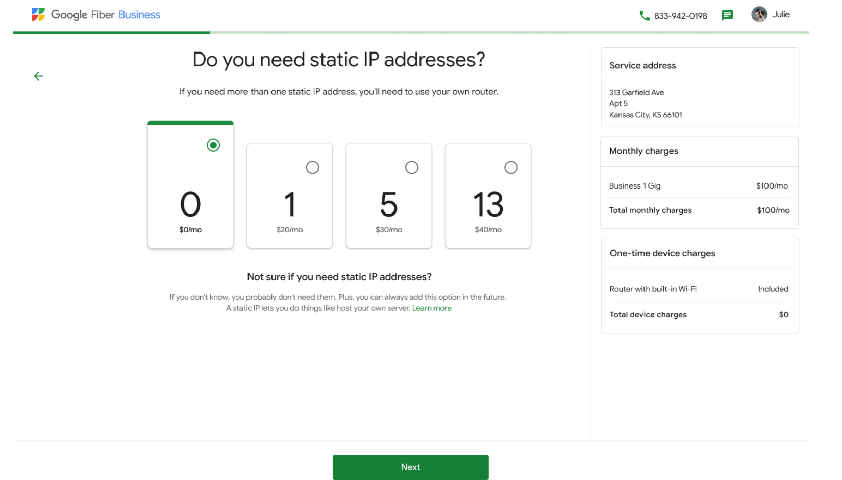 Option to obtain 5 static IPs is selected