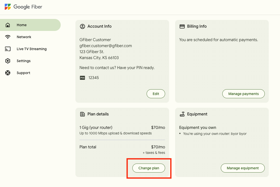 The GFiber customer portal home tab. The "Change plan" button is circled in red.