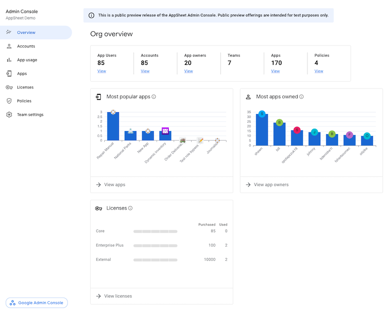 Overview page in the AppSheet Admin Console