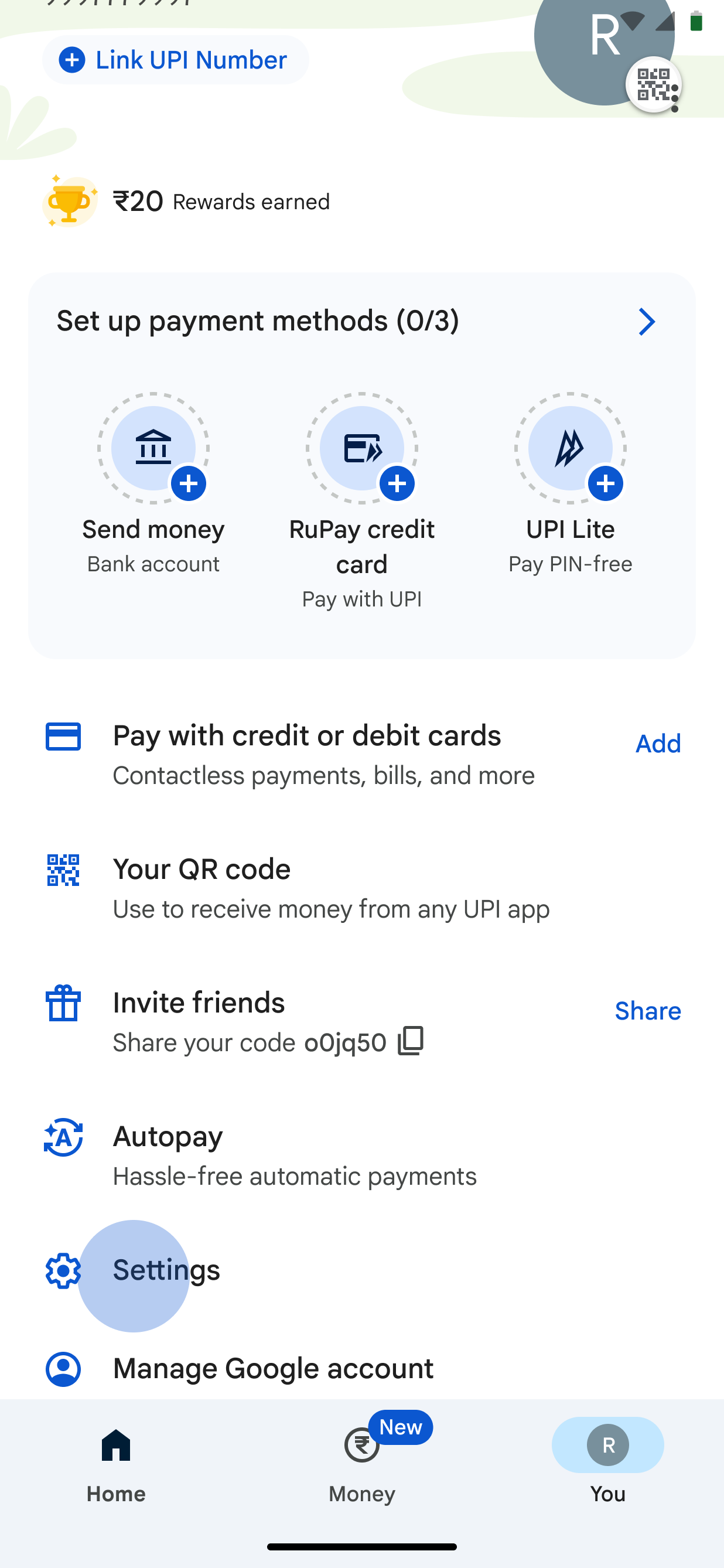 tap settings from home screen