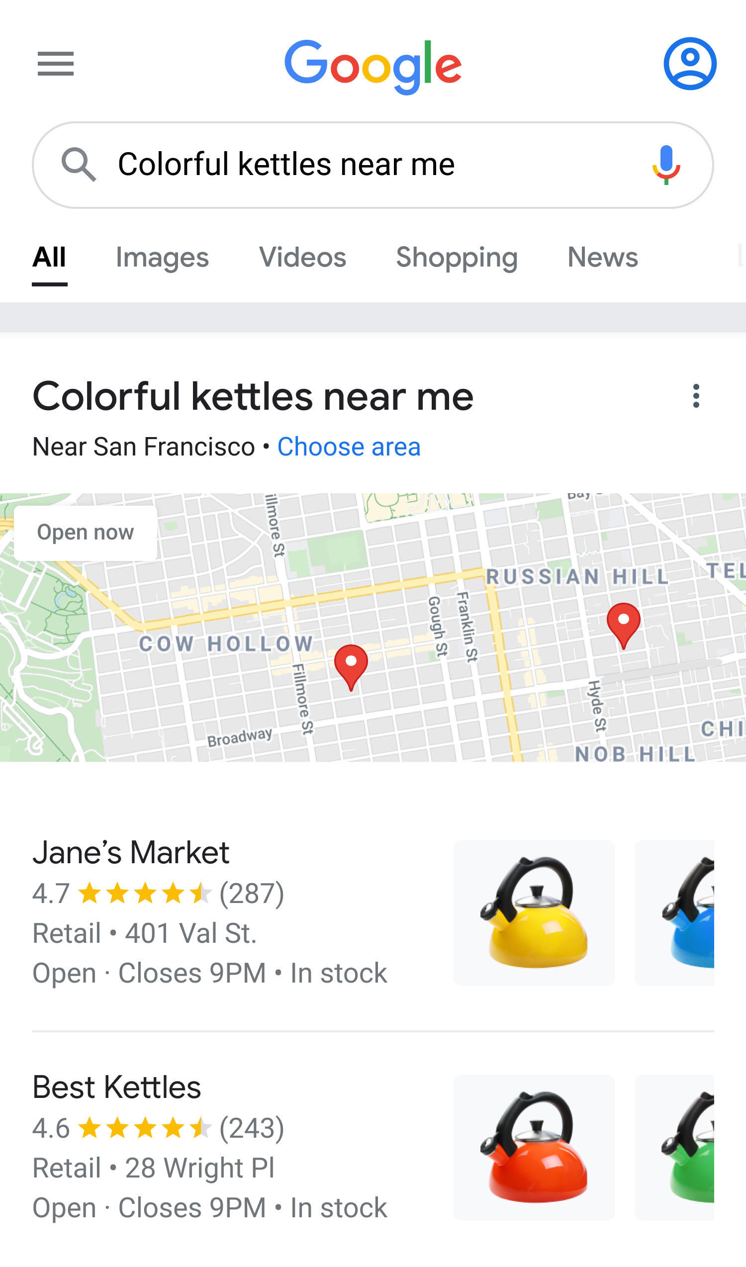 Google Search results for "Colorful kettles near me."