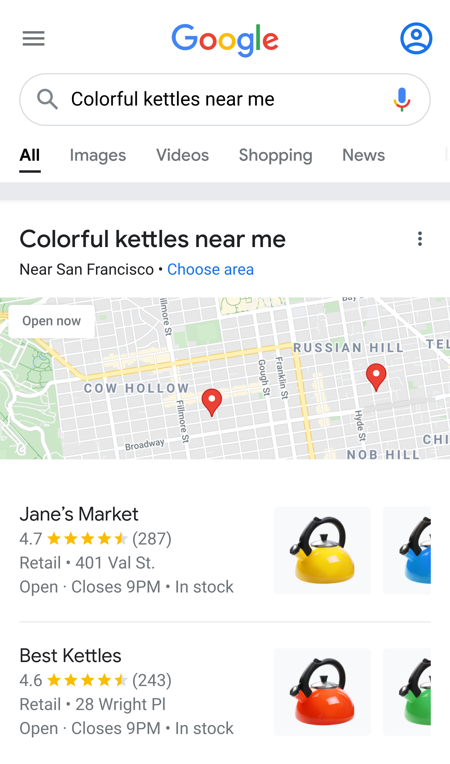 Google Search results for 'Colourful kettles near me'.