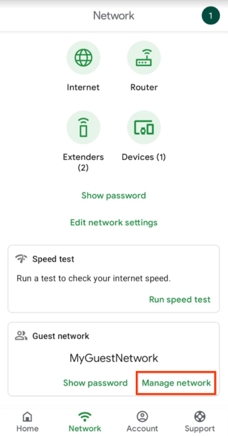 select manage network in the Guest network card