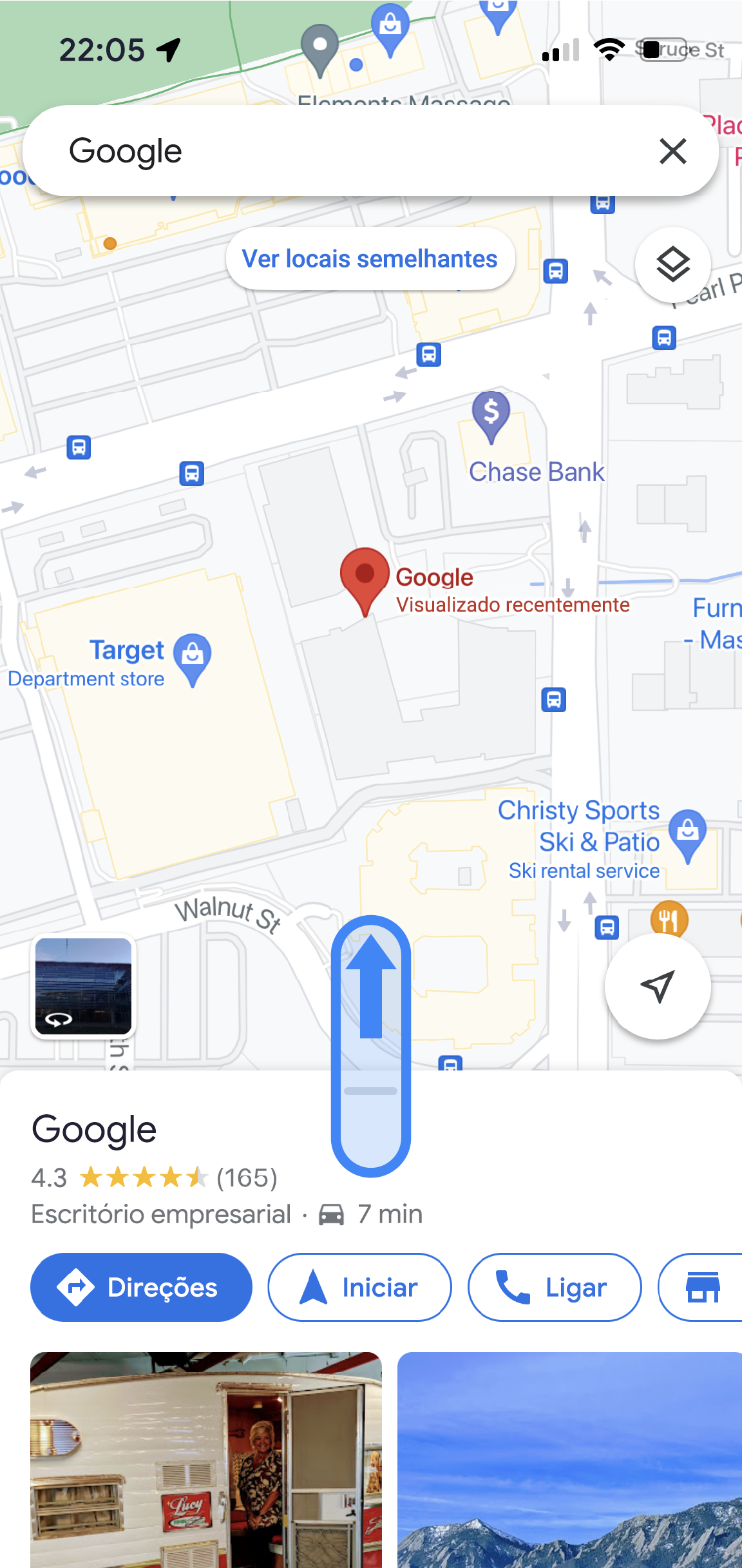 Na app Google Maps, é apresentada a localização de um escritório da Google. Na parte inferior da app, o nome da localização e as classificações médias são apresentados com botões para obter direções, iniciar a navegação, ligar e muito mais.