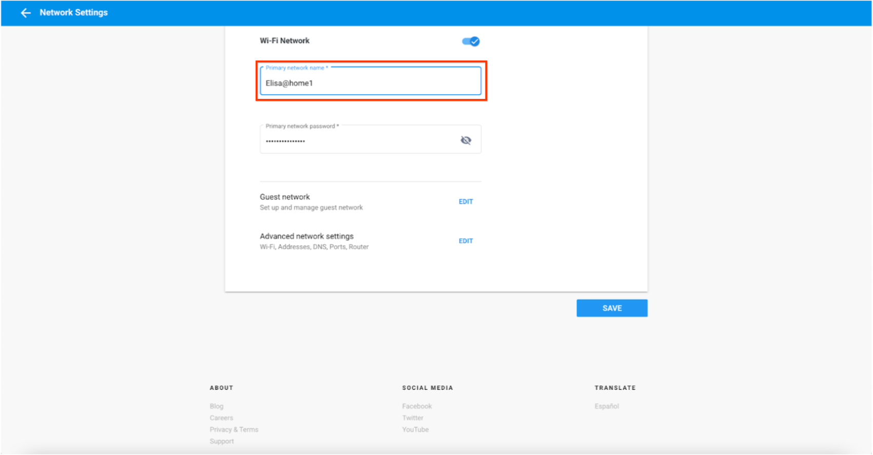 touch Primary network name 