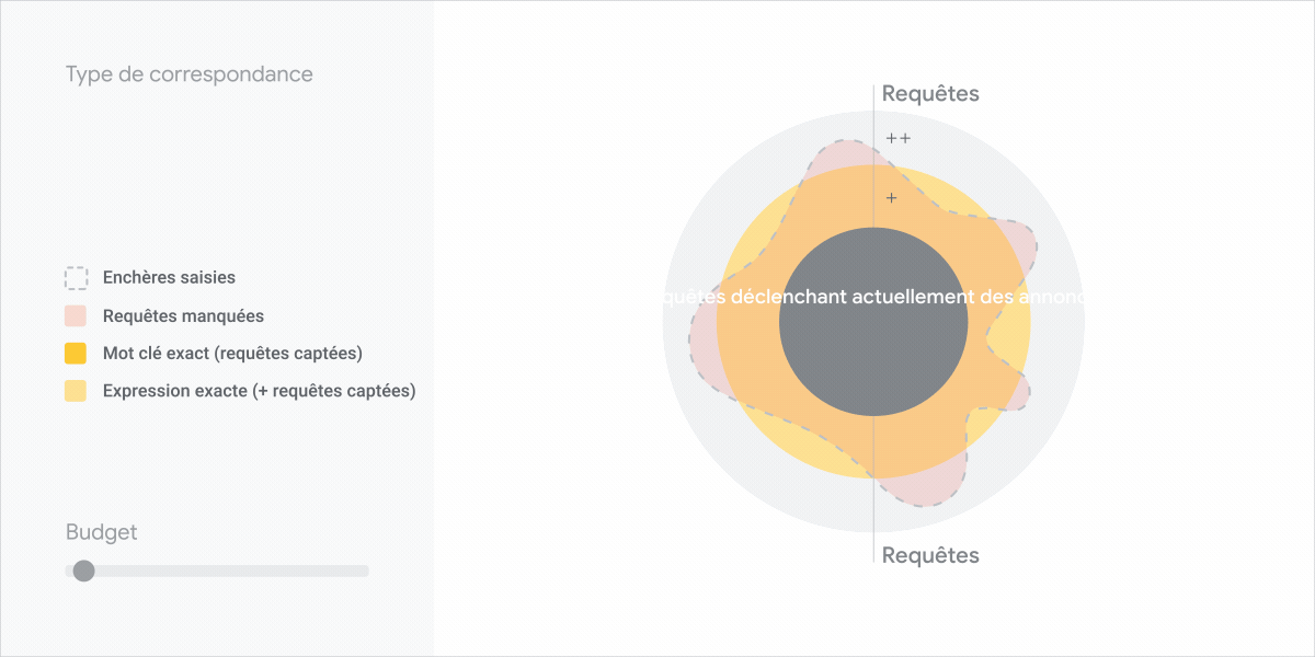 Si vous utilisez le type de correspondance "Requête large" et un budget supplémentaire, vous pourrez toucher plus de requêtes qu'en combinant des expressions et mots clés exacts.