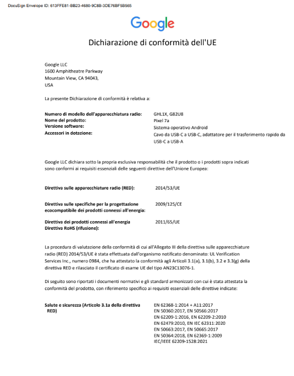 Guida relativa a sicurezza e normative di Pixel 7a - Guida di