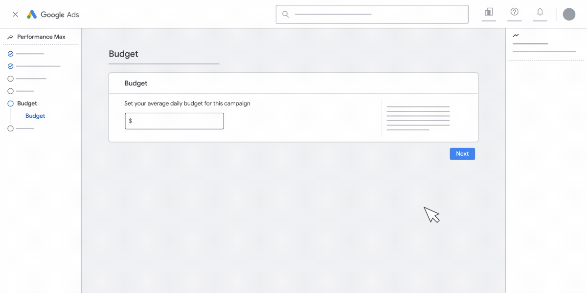 This animation guides you through setting your budget when using Performance Max.