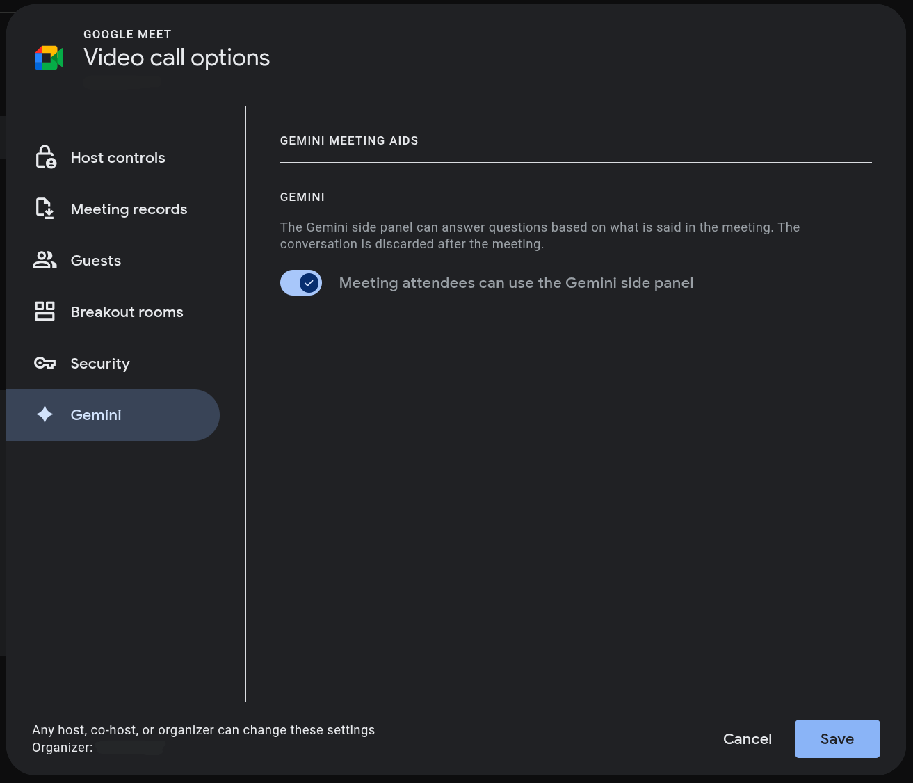 Instruction for turning on Meeting attendees can use the Gemini side panel in Google Meet.