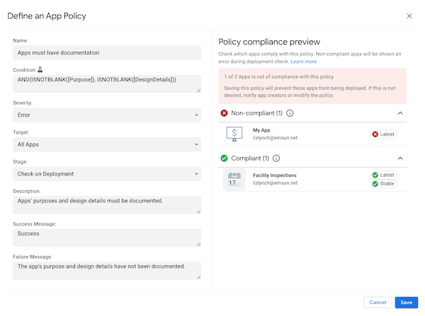 Policy check showing compliant and non-compliant apps