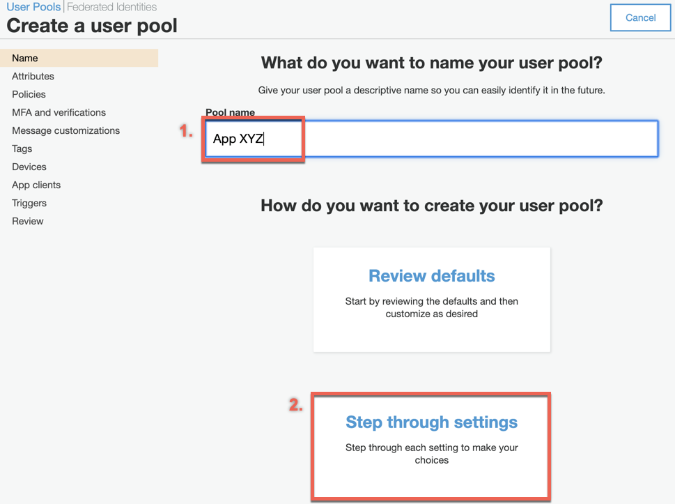 Create a user pool dialog with App XYZ in the Pool name field and the Step through settings link highlighted