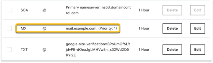 An existing MX record is highlighted