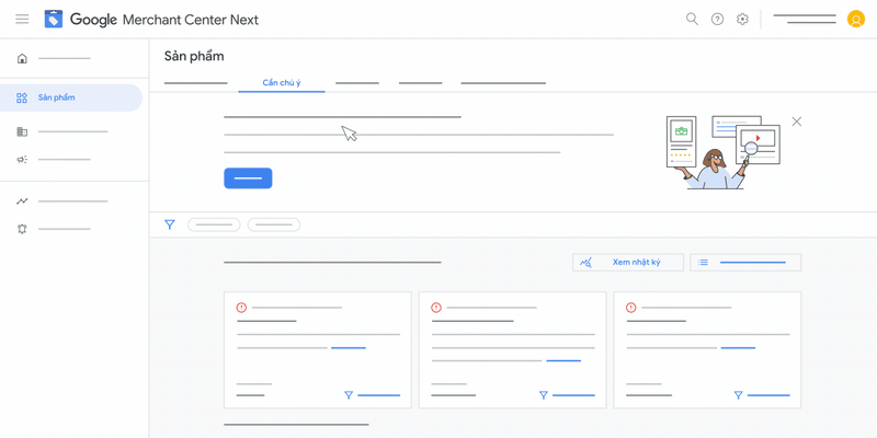 Ảnh động này giới thiệu cách xem lịch sử trạng thái sản phẩm trong Google Merchant Center Next.
