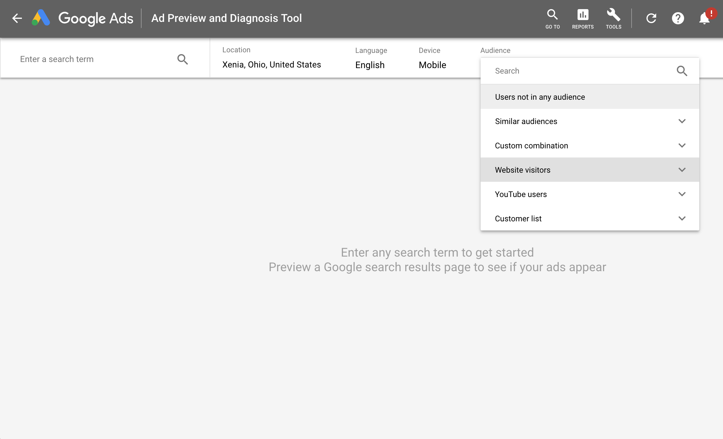 Ad Preview and Diagnosis tool for a particular audience