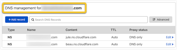 Der Abschnitt DNS-Verwaltung bei Cloudflare ist hervorgehoben.