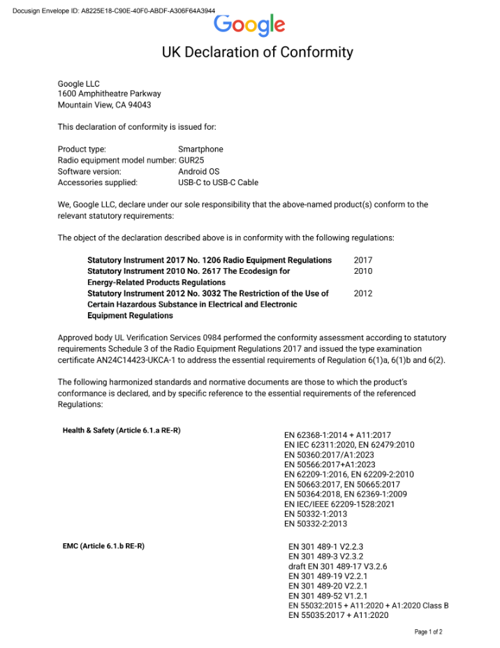 UK Declaration of Conformity page 1