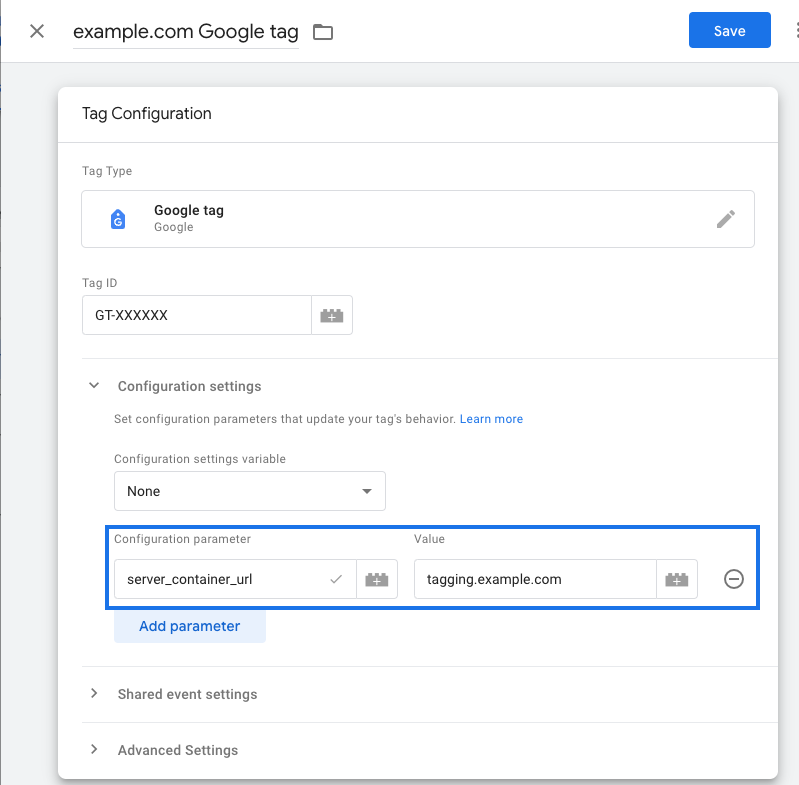 Screenshot of a server-side tagging implementation in the Google tag.