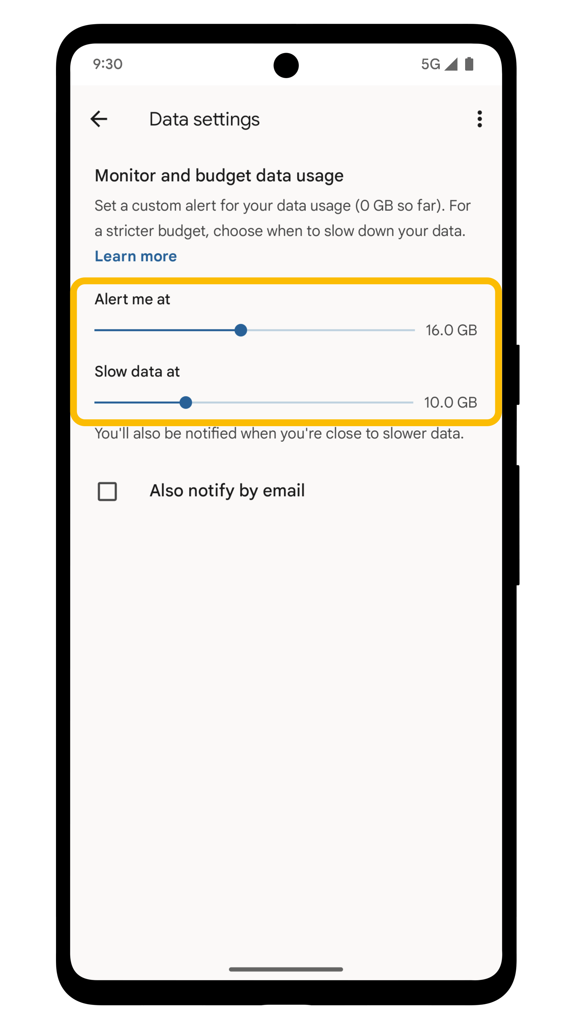 Alert and slow data limit