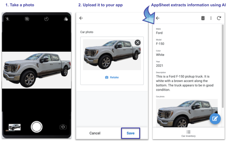 Take a photo, upload it to the AppSheet app, and AppSheet extracts information using AI