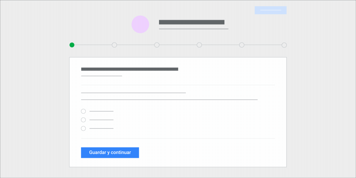Animación simplificada de una IU que muestra cómo guardar los pasos de configuración y continuar el proceso de configuración del complemento MonsterInsights para Google Analytics.