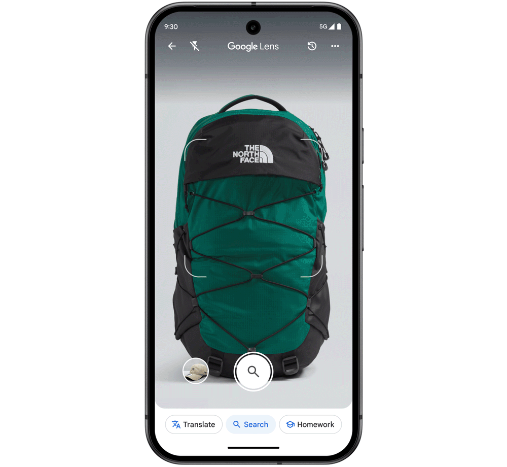 Mobile phone using visual search to find a backpack and seeing ads for the product
