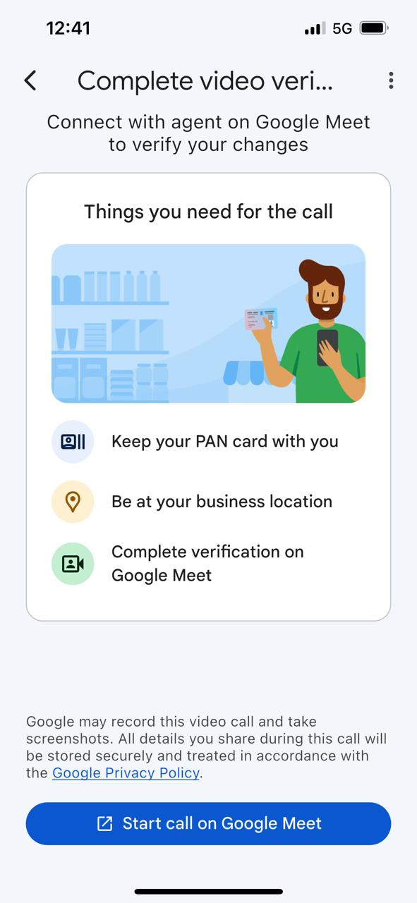 Screenshot of the Google Pay for Business verification screen