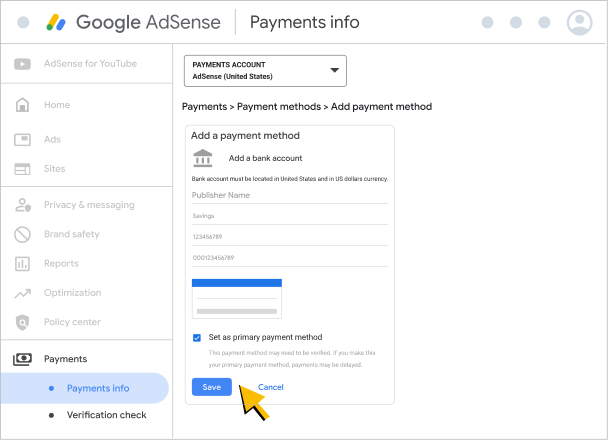 Example of adding a new payment method in AdSense