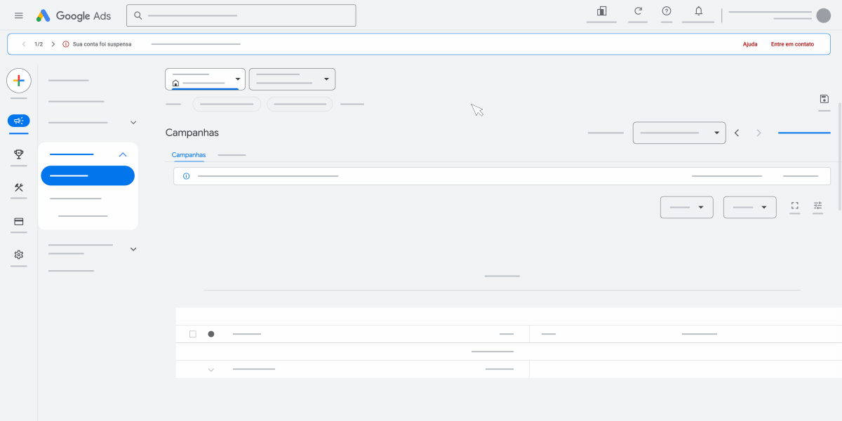 Animação da interface destacando o processo para contestar a suspensão de contas do Google Ads. 