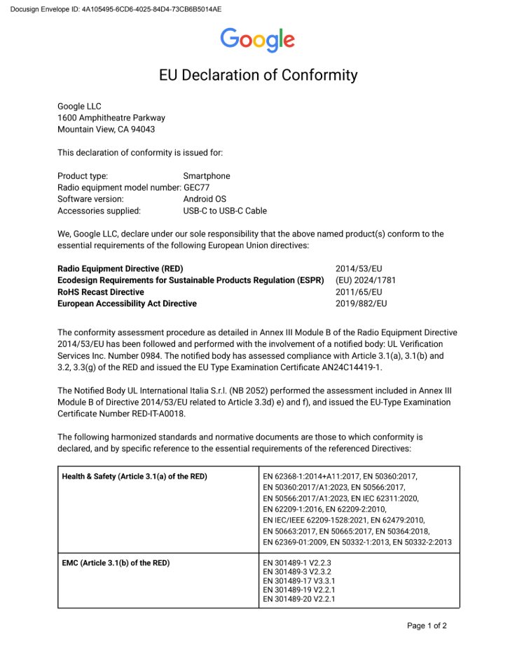 EU DoC Pixel 9 Pro GEC77 p1