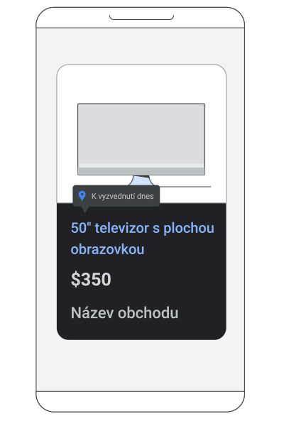 Animace reklamy na lokálně dostupné zboží zobrazující produkt, který lze vyzvednout na prodejně.