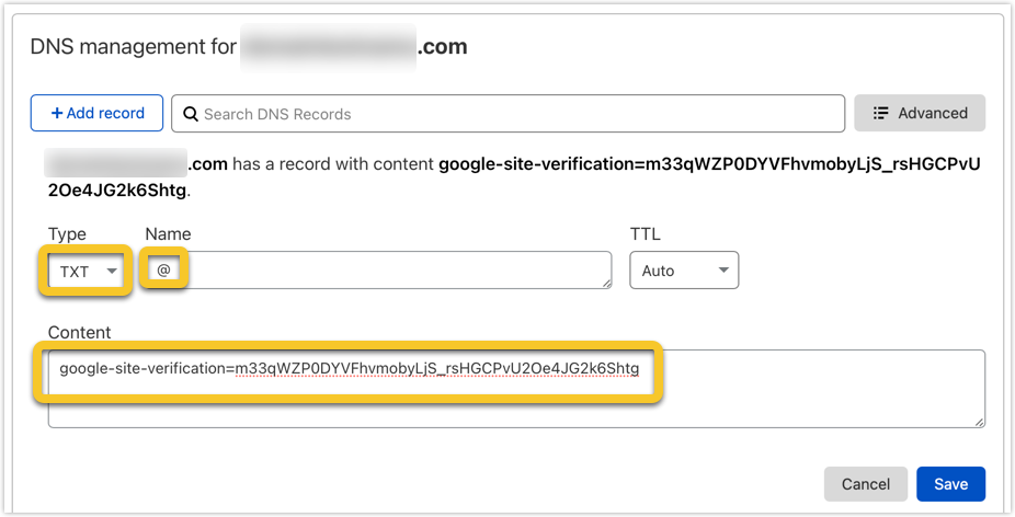 Запись txt: Google-site-verification=.