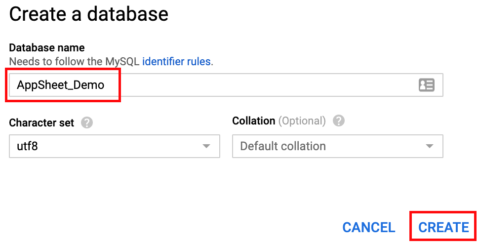 Enter a database name and click Create
