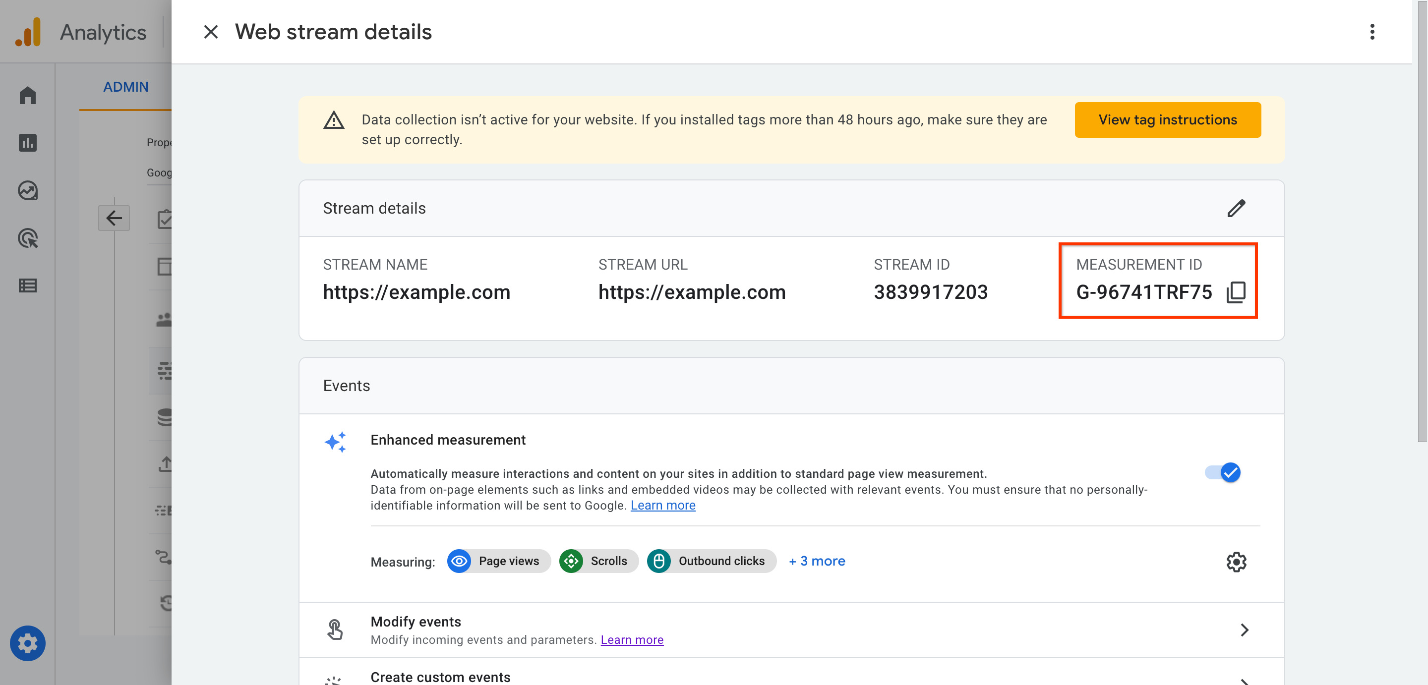 Measurement ID in the Web stream details pane