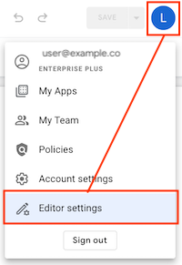 Editor settings in account drop-down