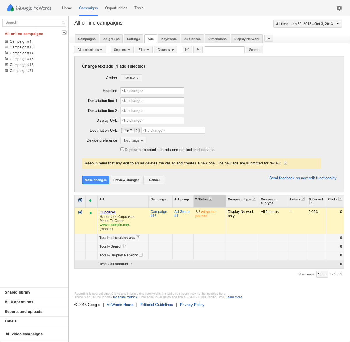 See ad bulk edit options