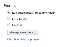 To choose how to handle plug-ins, in the "Plug-ins" section select one of the following: