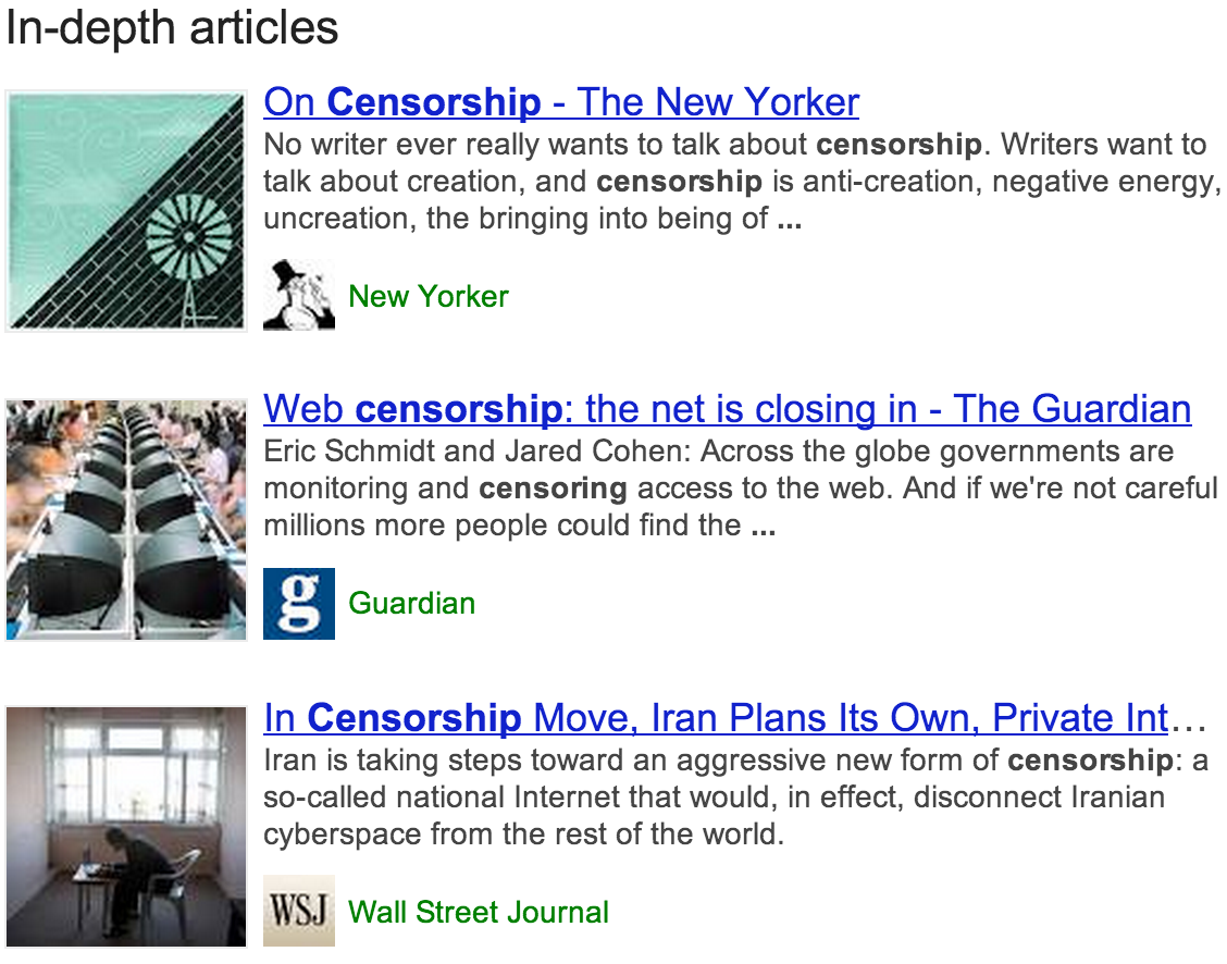 Search result showing in-depth articles feature.