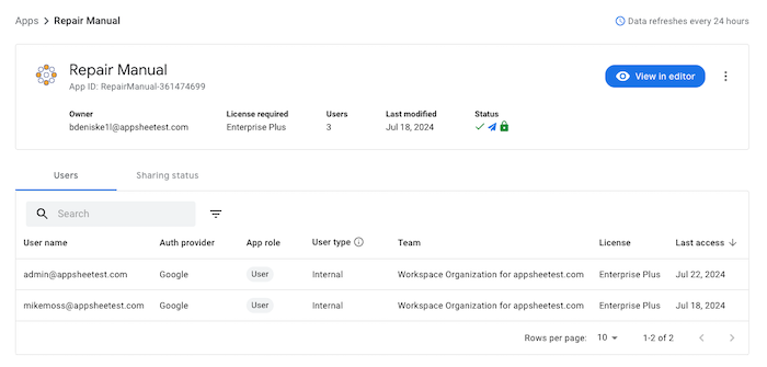 App details in the AppSheet Admin Console