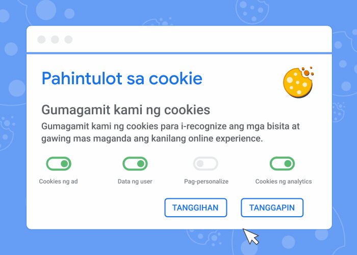 Animation na nagpapakita ng banner ng pahintulot sa cookie at kung ano ang mangyayari kung tatanggapin o tatanggihan mo ang cookies.