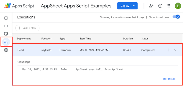 Validate successful execution of the sayHello() function on the Executions page