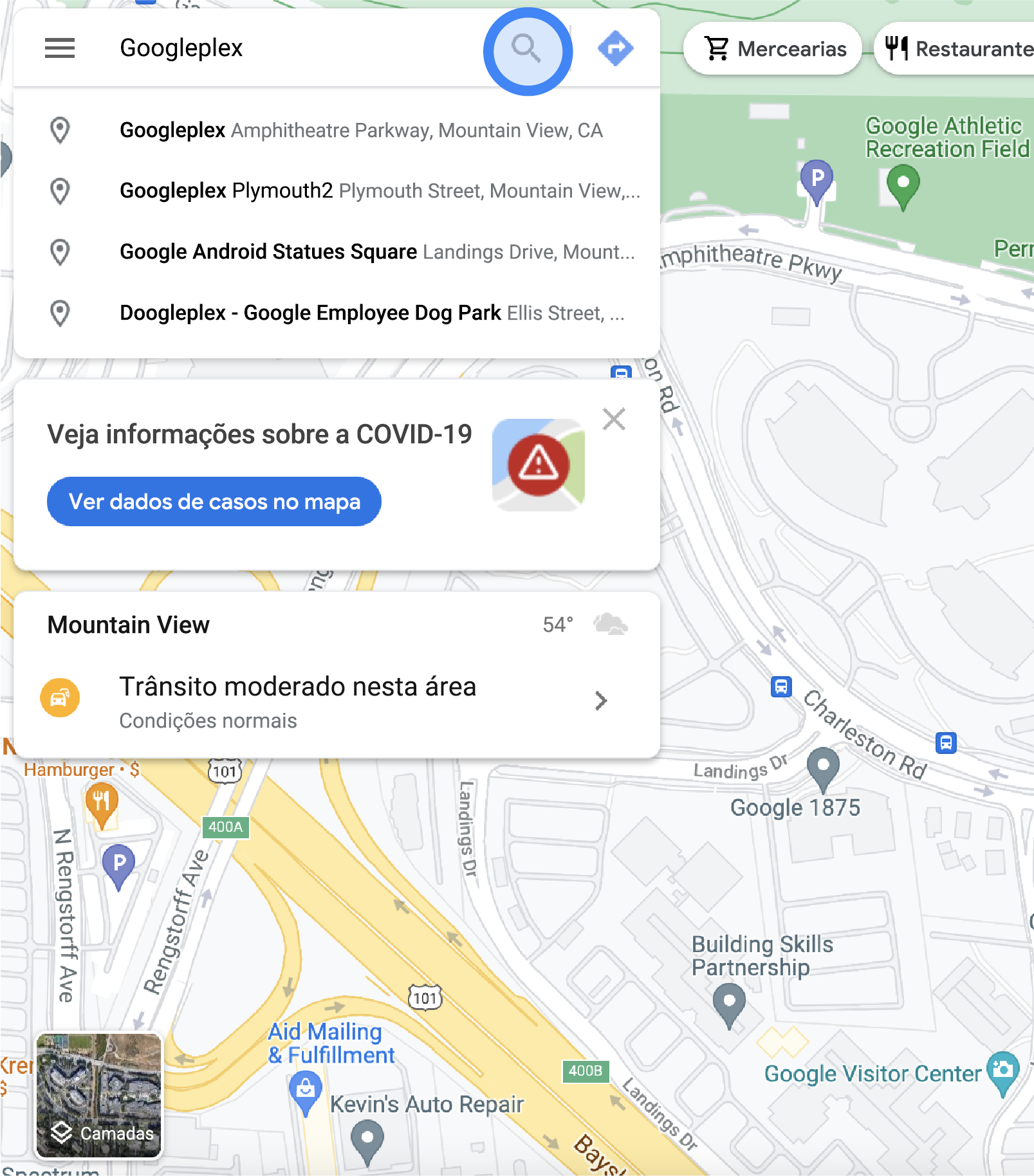 "Googleplex" foi introduzido na barra de pesquisa no Google Maps. É apresentada uma lista de resultados abaixo.