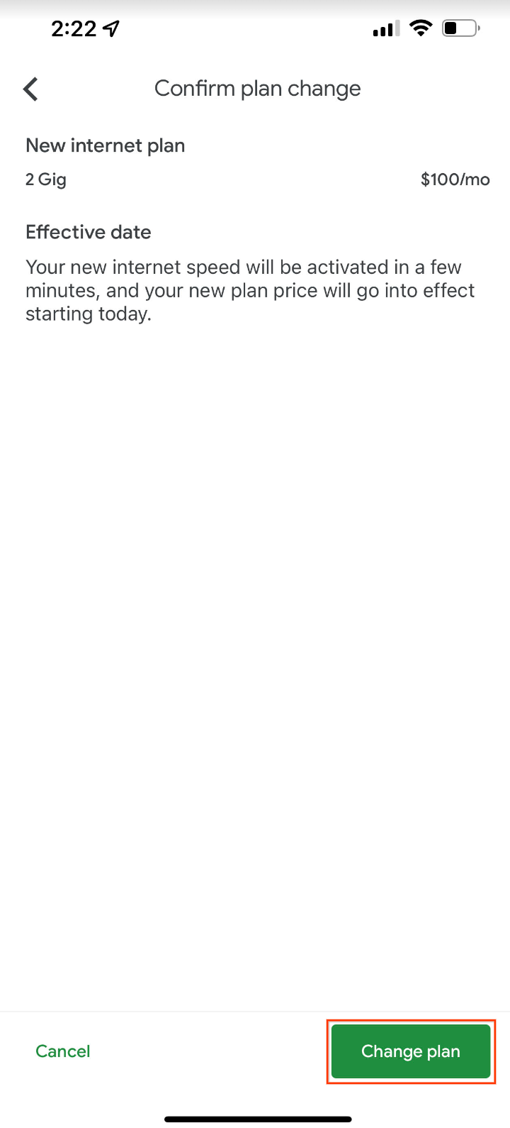 Fiber App cancel or confirm plan change